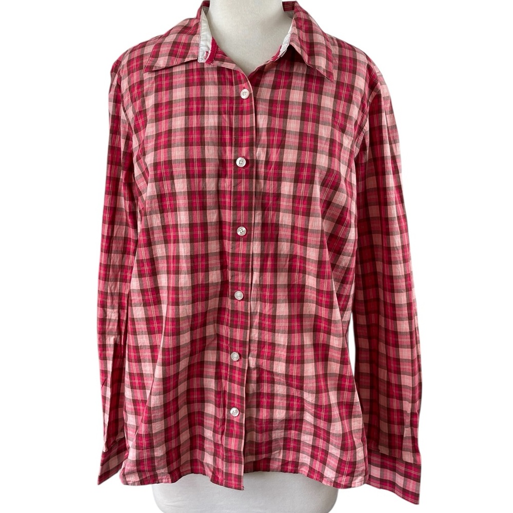 Izod Womenโs Plaid Shirt/Blouse, L,โ Pinks/Brown, Button Front, Long Sleeves
